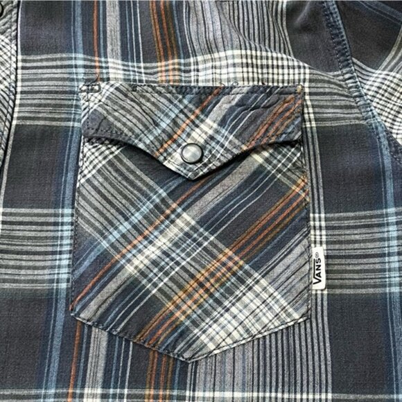 Vans Off The Wall Long Sleeve Pearl Snap Grey Rust Blue Plaid Western Shirt - Picture 4 of 11